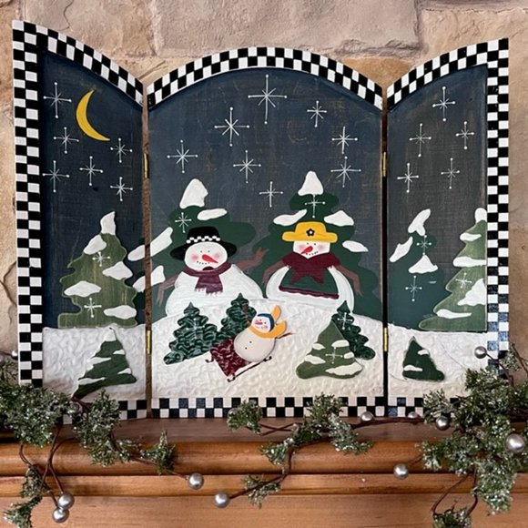 Vintage Terry's Village Wood Fold Out Triptych Snowman Winter Scene - Picture 2 of 9